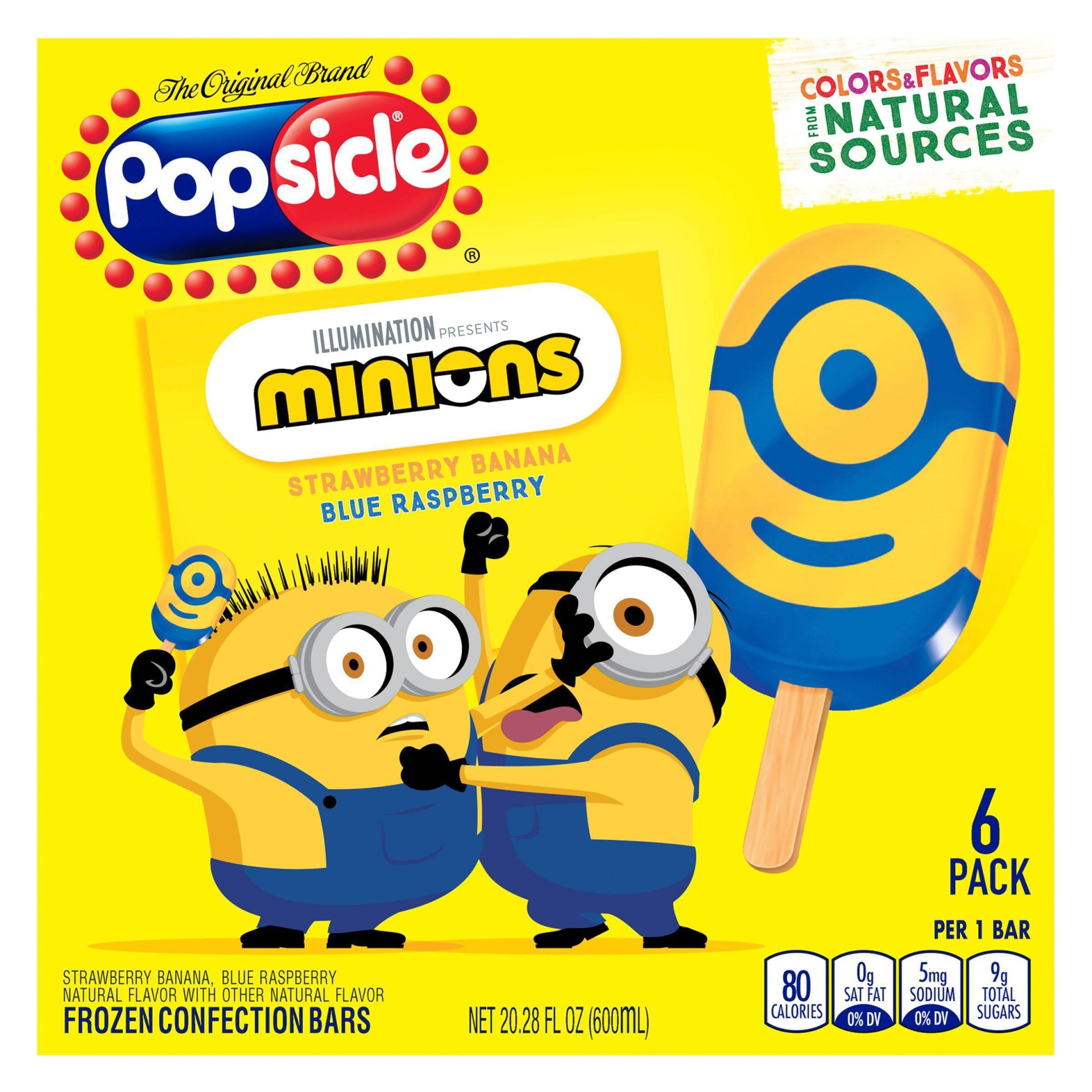 slide 1 of 7, Popsicle Minions 6 Pack Strawberry Banana/Blue Raspberry Frozen Confection Bars 6 ea, 6 ct