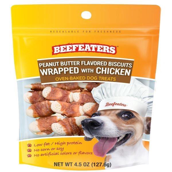slide 1 of 1, Beefeaters Peanut Butter Flavored Biscuits Wrapped with Chicken Oven Baked Treats, 4.5 oz