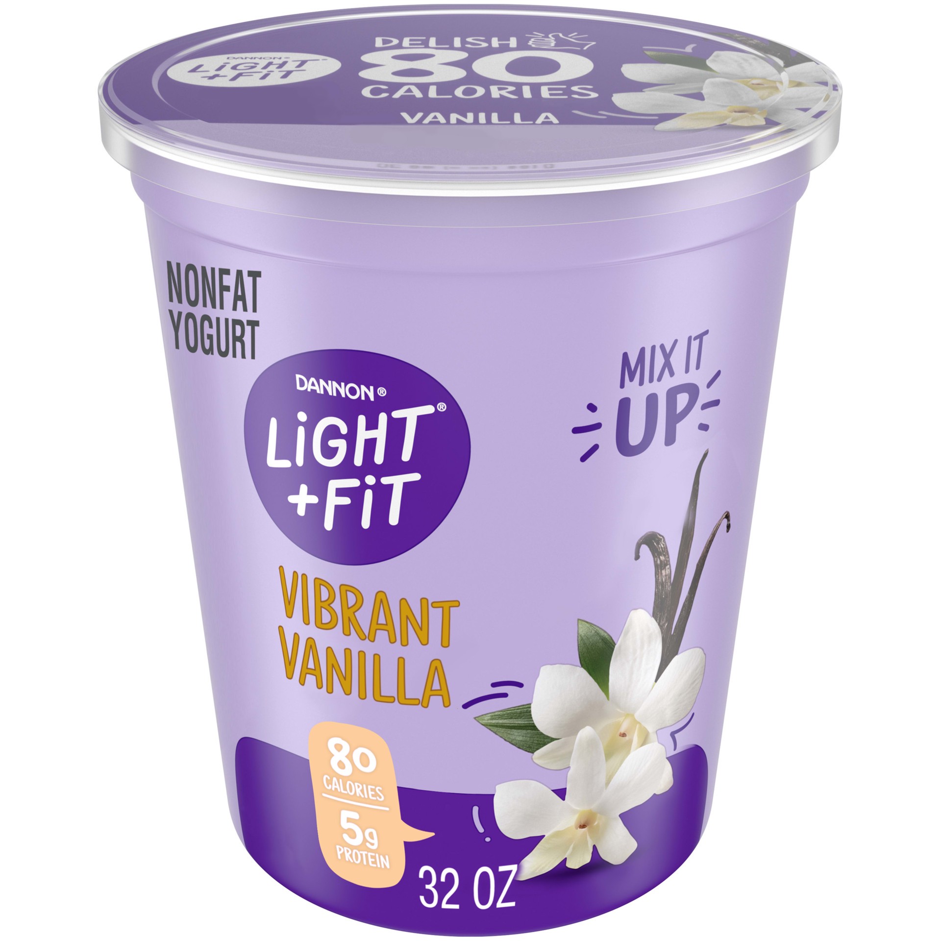 slide 1 of 10, Light + Fit Dannon Light + Fit Vanilla Fat Free Yogurt, Creamy and Delicious Gluten Free Yogurt, 32 OZ, 32 oz