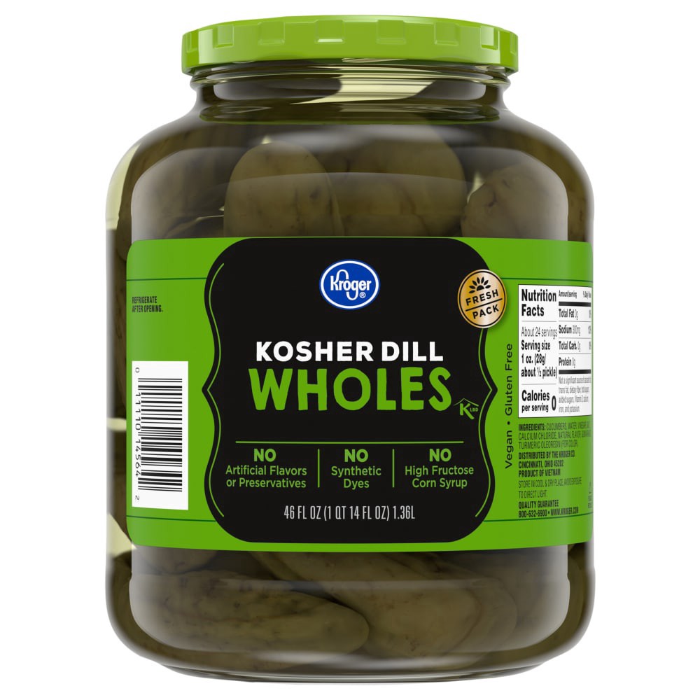 slide 1 of 1, Kroger® Kosher Whole Dill Pickles, 46 fl oz