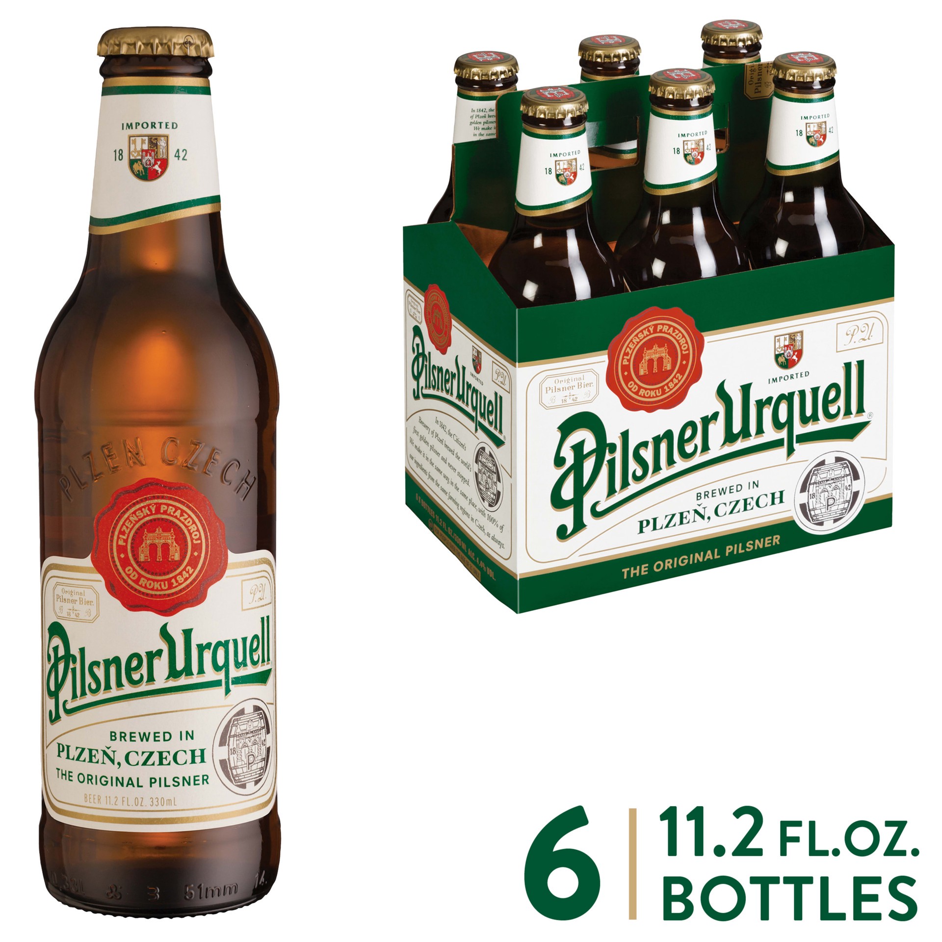 slide 1 of 5, Pilsner Urquell Beer, 6 Pack, 11.2 fl. oz. Bottles, 4.4% ABV, 330 ml