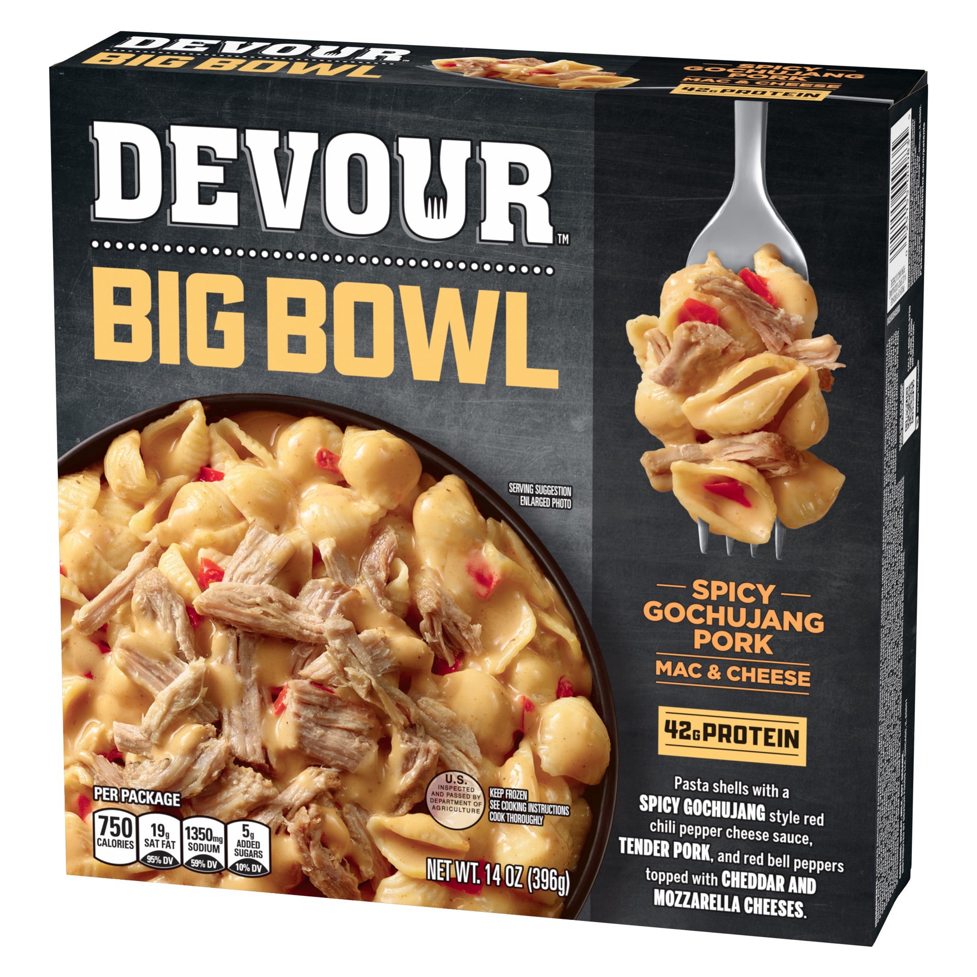 slide 7 of 8, DEVOUR Big Bowl Spicy Gochujang Pork Mac & Cheese, 14 oz Box, 14 oz