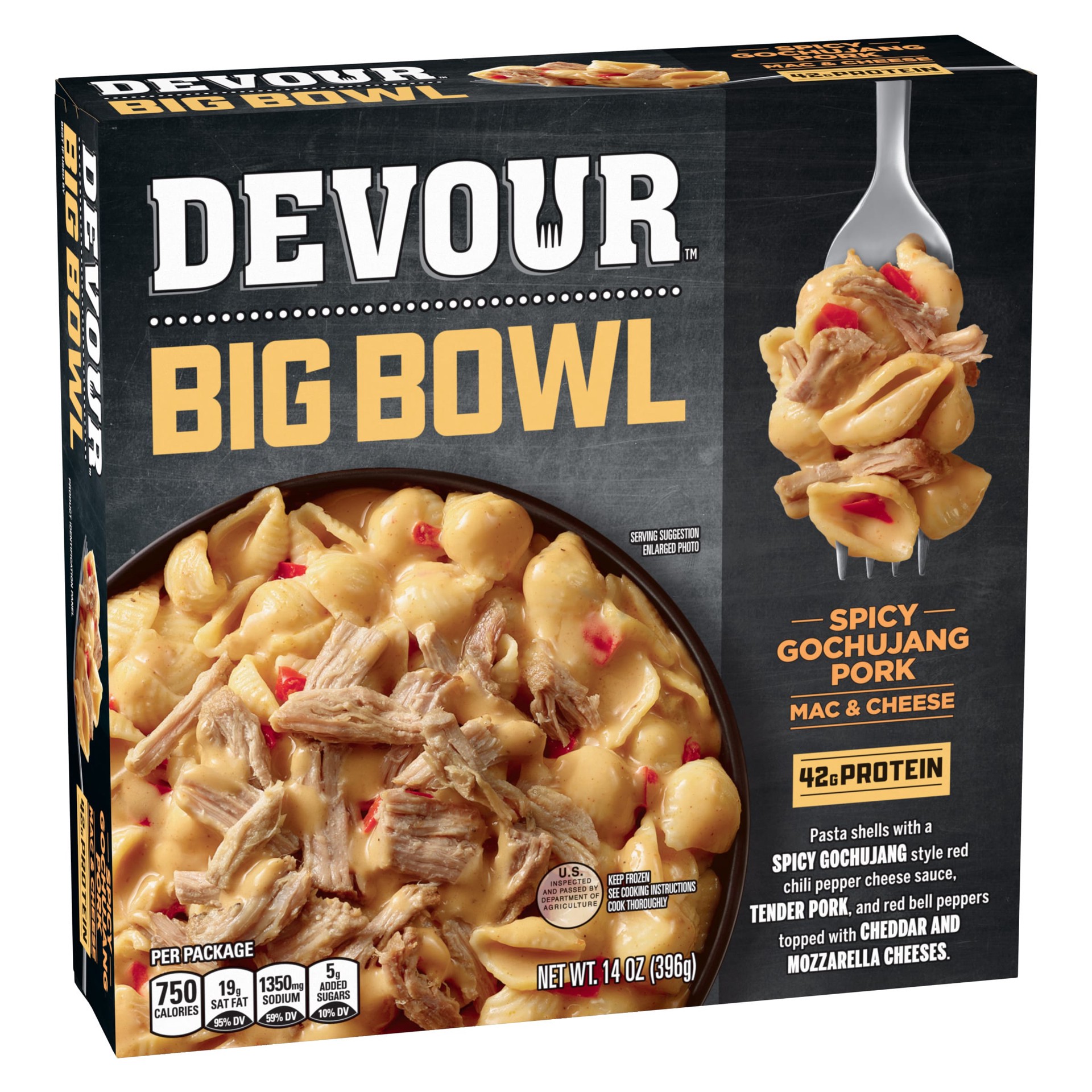 slide 8 of 8, DEVOUR Big Bowl Spicy Gochujang Pork Mac & Cheese, 14 oz Box, 14 oz