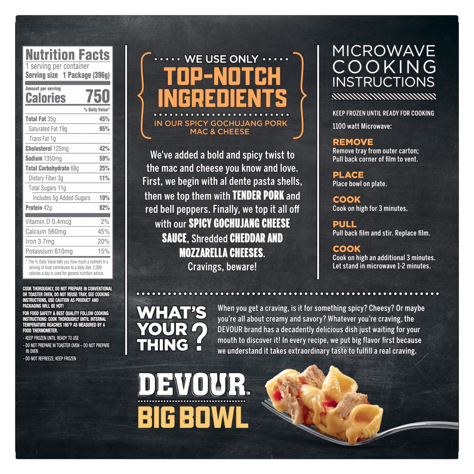 slide 4 of 8, DEVOUR Big Bowl Spicy Gochujang Pork Mac & Cheese, 14 oz Box, 14 oz