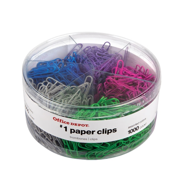 slide 1 of 3, Office Depot Brand Paper Clips, No. 1, 1-1/4'', 10-Sheet Capacity, Assorted Colors, Tub Of 1,000 Clips, 1 ct