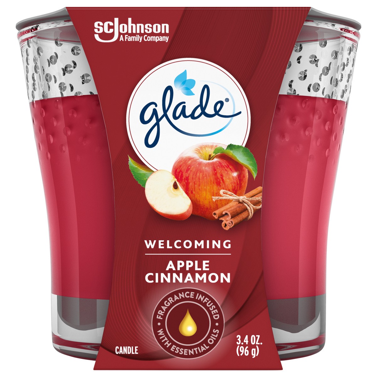 slide 1 of 5, Glade Scented Candle Jar, Apple Cinnamon, Fragrance Infused with Essential Oils, 3.4 oz, 96 g, 3.4 oz