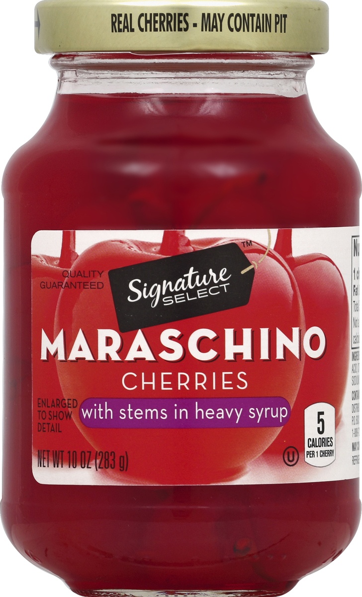 slide 2 of 2, Signature Select Maraschino Cherries with Stems in Heavy Syrup 10 oz, 