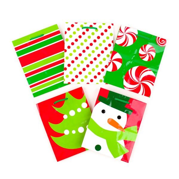 slide 1 of 1, Hallmark 6' Small Holiday Gift Bag Assortment (Pack of 5: Snowman, Tree, Candy, Polka Dots, Stripes) for Stocking Stuffers, Gift Cards, Party Favors and More #65, 1 ct