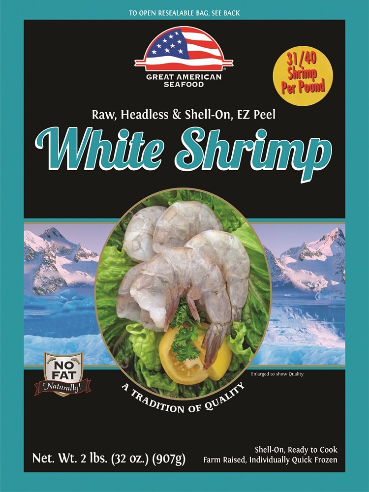 slide 1 of 1, Great American Seafood Raw Headless & Shell-On Ez Peel White Shrimp, 2 lb