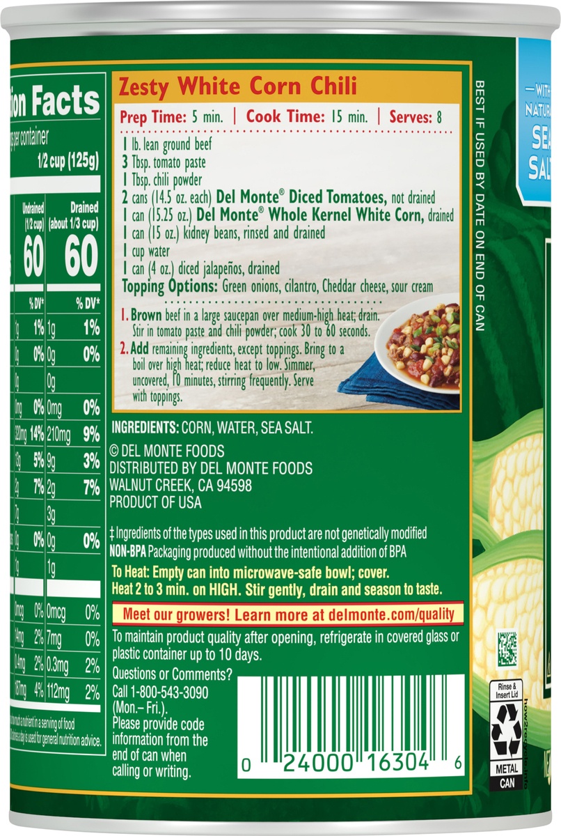 slide 5 of 9, Del Monte Fresh Cut Harvest Selects White Whole Kernel Corn, Canned Vegetables, 15.25 oz