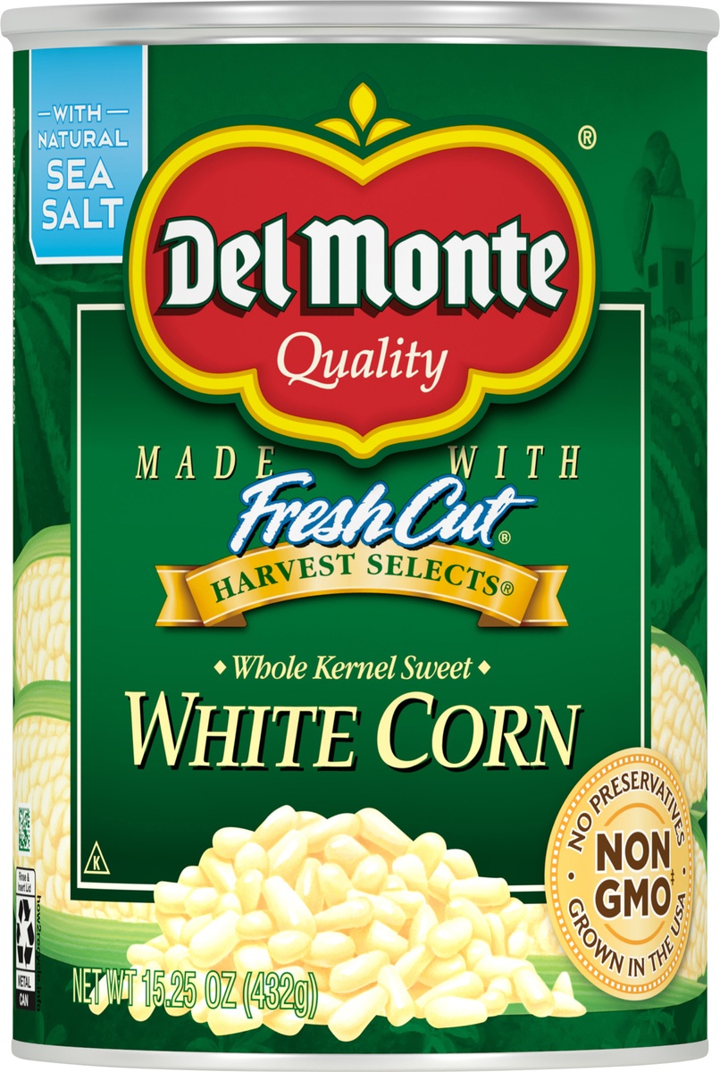 slide 7 of 9, Del Monte Fresh Cut Harvest Selects White Whole Kernel Corn, Canned Vegetables, 15.25 oz