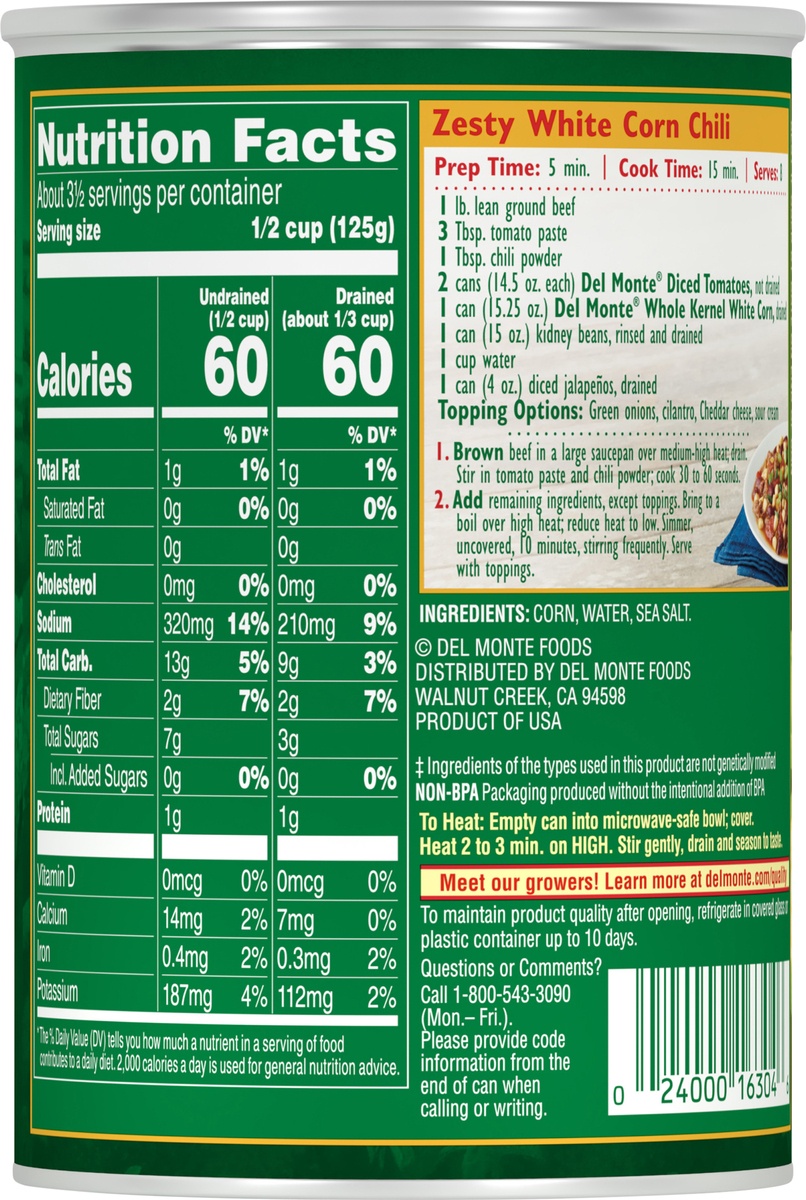 slide 8 of 9, Del Monte Fresh Cut Harvest Selects White Whole Kernel Corn, Canned Vegetables, 15.25 oz