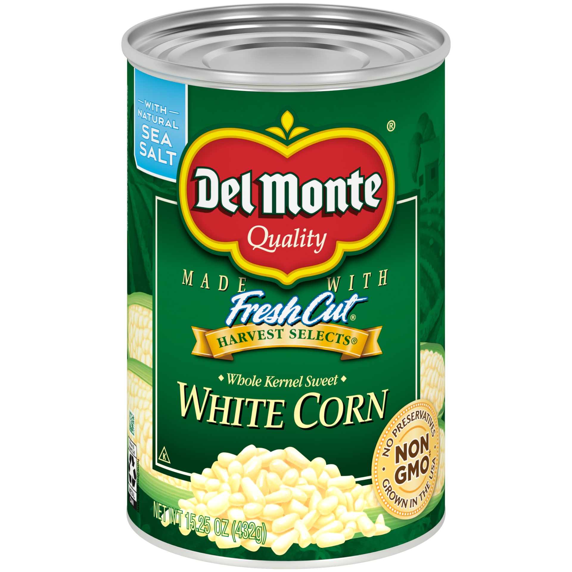 slide 1 of 9, Del Monte Fresh Cut Harvest Selects White Whole Kernel Corn, Canned Vegetables, 15.25 oz