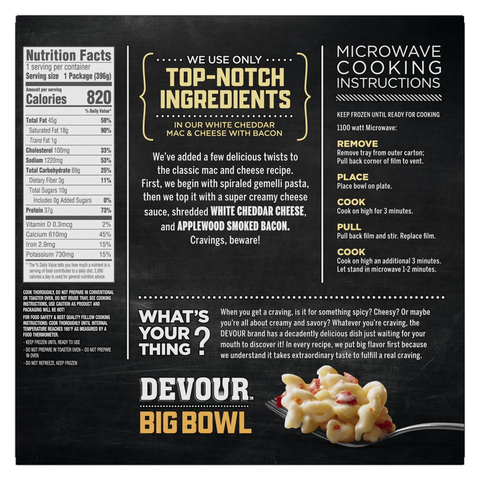 slide 4 of 8, DEVOUR Big Bowl White Cheddar Mac & Cheese with Bacon, 14 oz Box, 14 oz