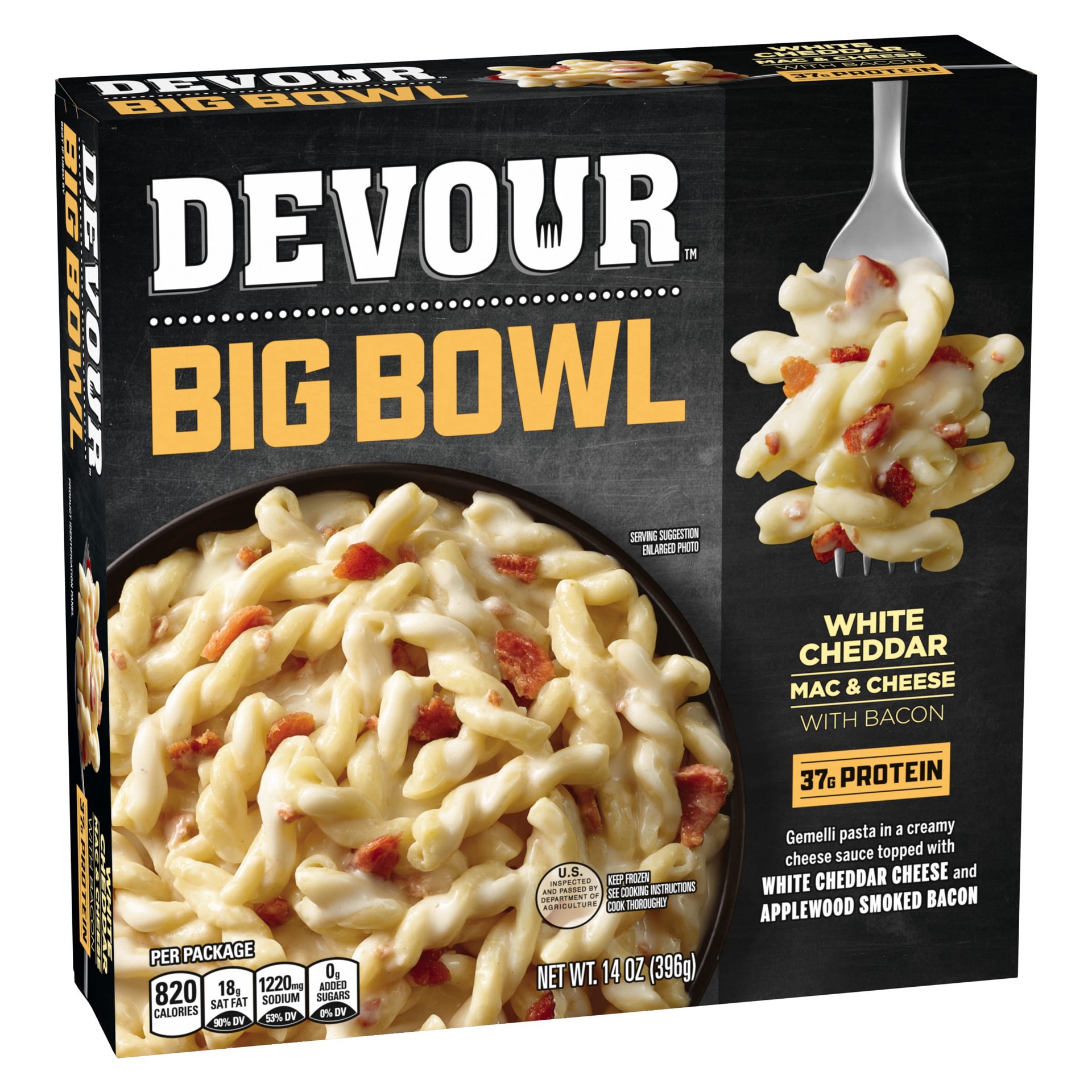 slide 2 of 8, DEVOUR Big Bowl White Cheddar Mac & Cheese with Bacon, 14 oz Box, 14 oz