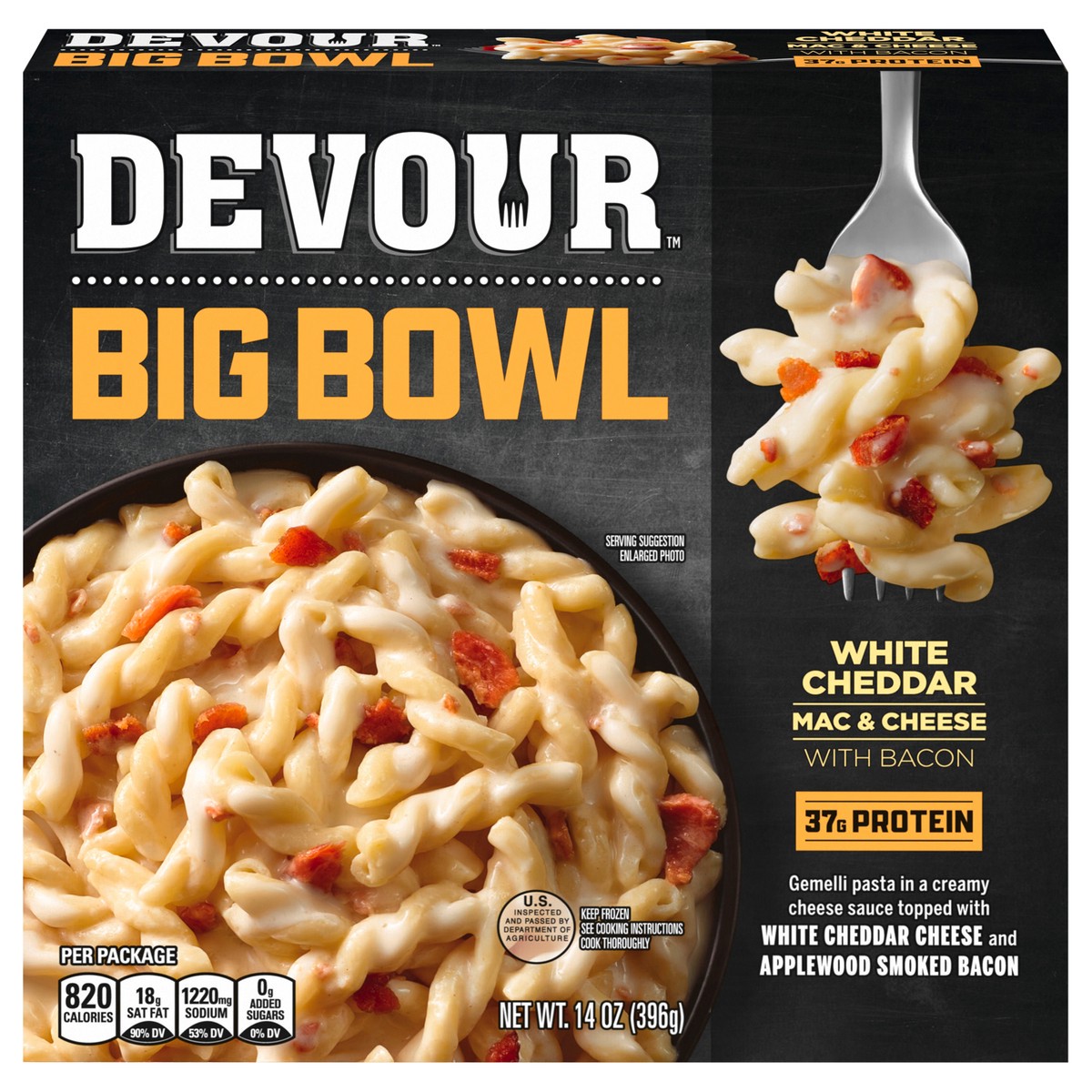 slide 1 of 8, DEVOUR Big Bowl White Cheddar Mac & Cheese with Bacon, 14 oz Box, 14 oz