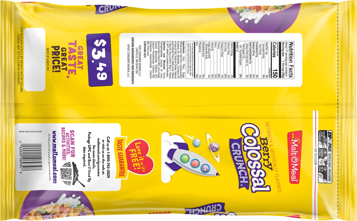 slide 3 of 7, Malt-O-Meal Berry Colossal Crunch Breakfast Cereal, 23 OZ Bag, 23 oz