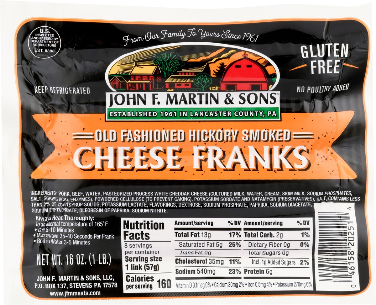 slide 3 of 9, John F. Martin & Sons Gluten Free Old Fashioned Hickory Smoked Cheese Cheese Franks 16 oz, 16 oz