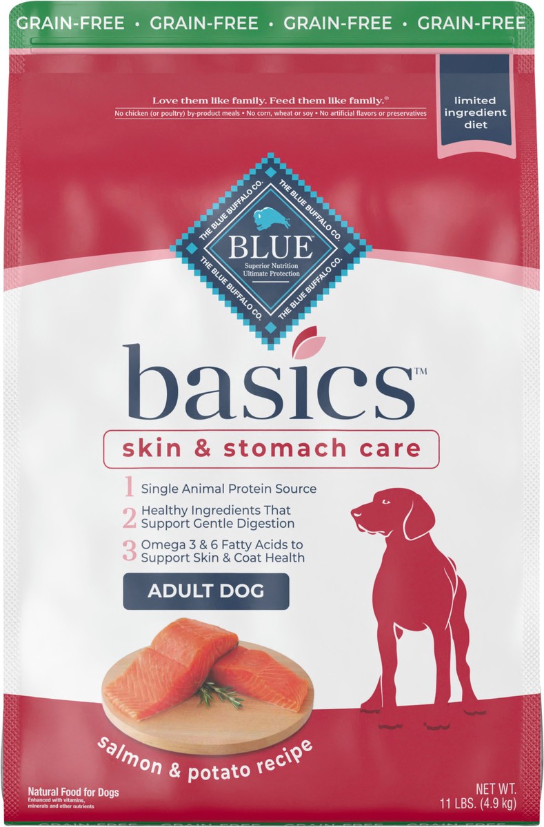 slide 6 of 9, Blue Buffalo Basics Limited Adult Dog Food, Salmon/Potato, 11 lb