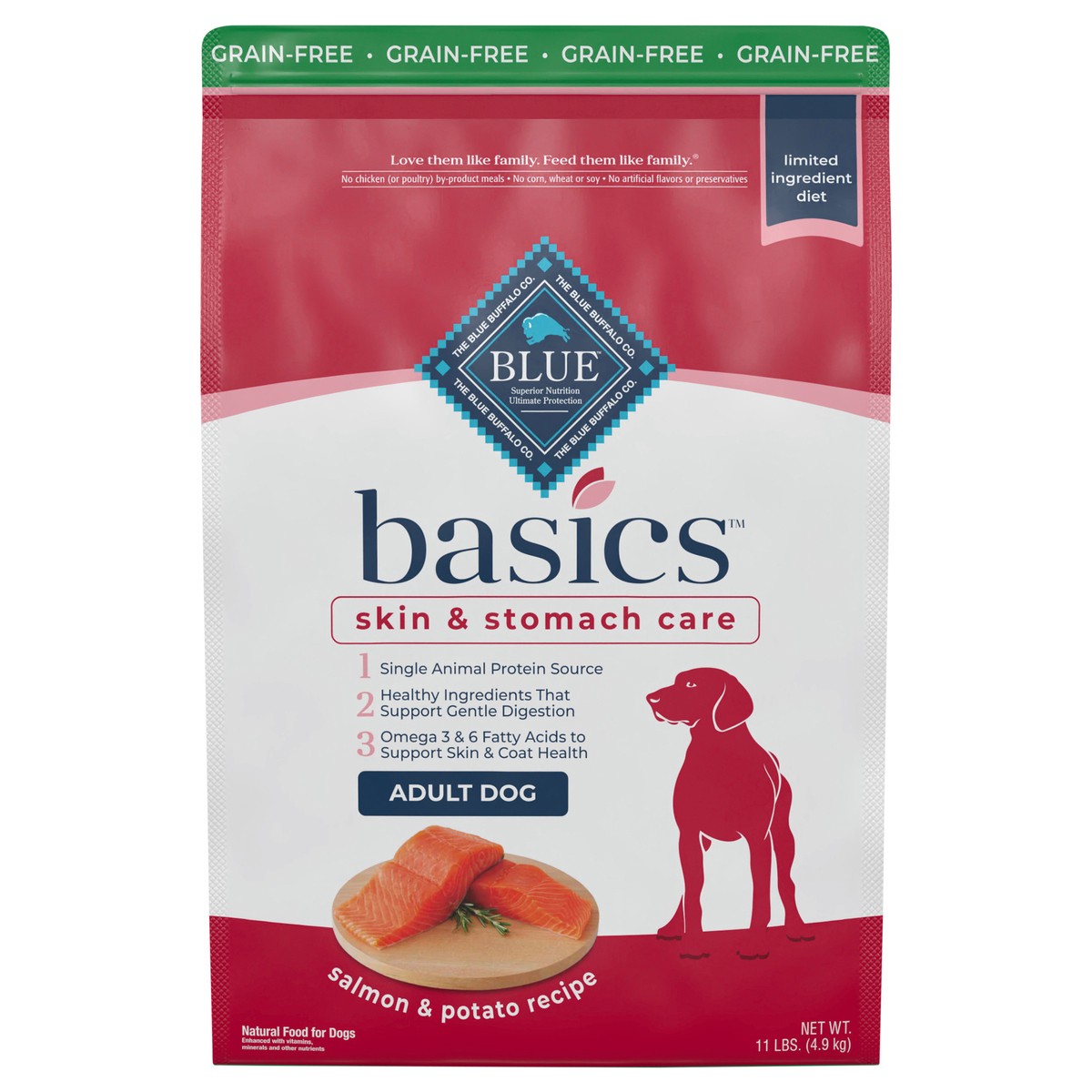 slide 1 of 9, Blue Buffalo Basics Limited Adult Dog Food, Salmon/Potato, 11 lb