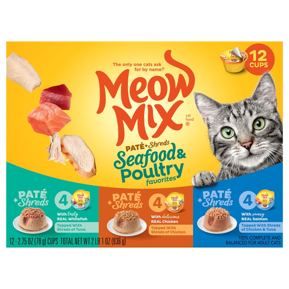 slide 1 of 1, Meow Mix Paté & Shreds Wet Cat Food Variety Pack, Seafood & Poultry Favorites, 12 Cups, 2.75 Oz. Each, 12 ct; 2.75 oz