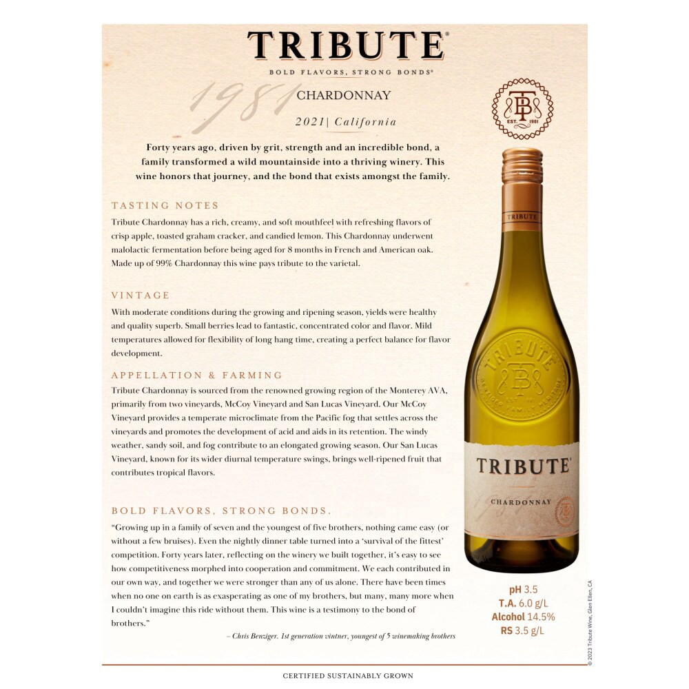 slide 5 of 6, Tribute Chardonnay 750 ml, 750 ml