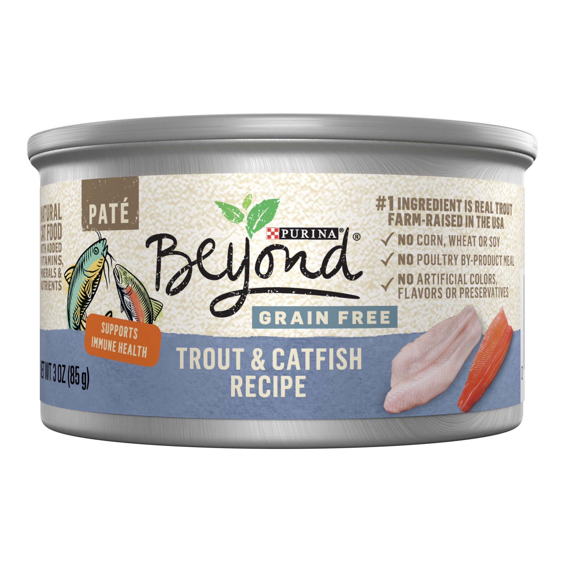 slide 1 of 7, Beyond Purina Beyond Grain Free Wet Cat Food Trout and Catfish Recipe Pate Cat Food, 3 oz