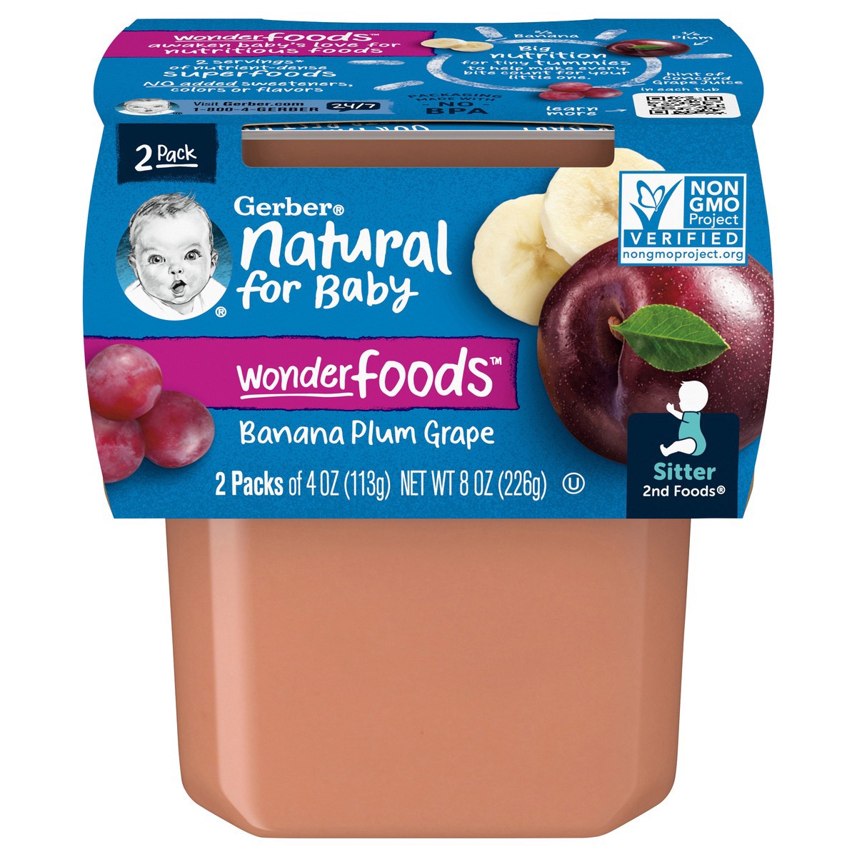 slide 1 of 9, Gerber 2nd Foods Natural for Baby WonderFoods Baby Food, Banana Plum Grape, 4 oz Tubs (2 Pack), 2 ct; 4 oz