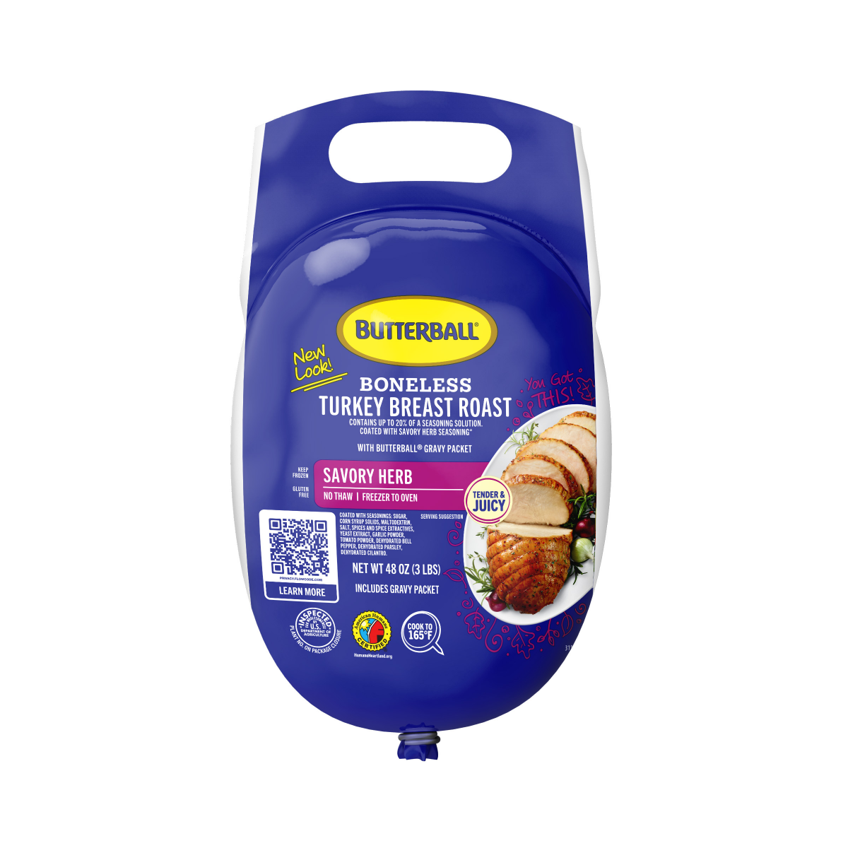 slide 1 of 2, Butterball Turkey Breast Roast, Savory Herb, Boneless with Gravy Pack, Frozen, 48 oz