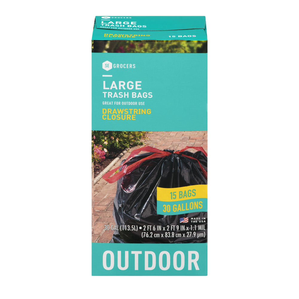 slide 1 of 1, SE Grocers Large Trash Bags Drawstring Closure Outdoor - 15 CT, 15 ct