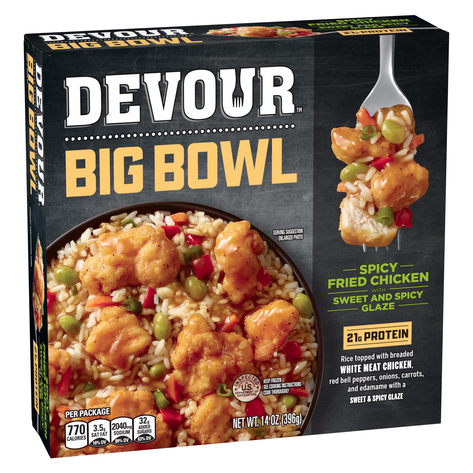 slide 4 of 8, DEVOUR Big Bowl Spicy Fried Chicken with Sweet and Spicy Glaze, 14 oz Box, 14 oz