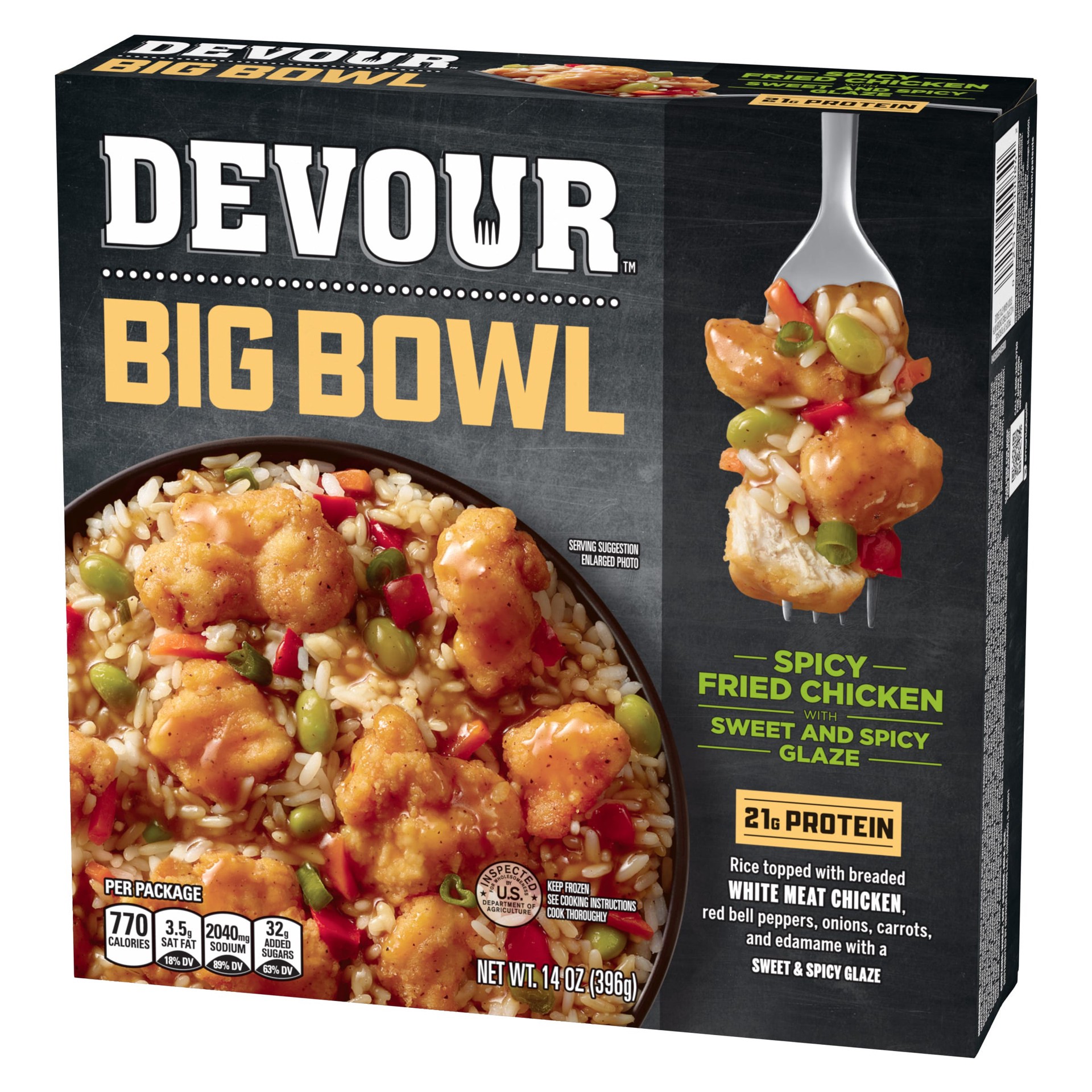 slide 3 of 8, DEVOUR Big Bowl Spicy Fried Chicken with Sweet and Spicy Glaze, 14 oz Box, 14 oz
