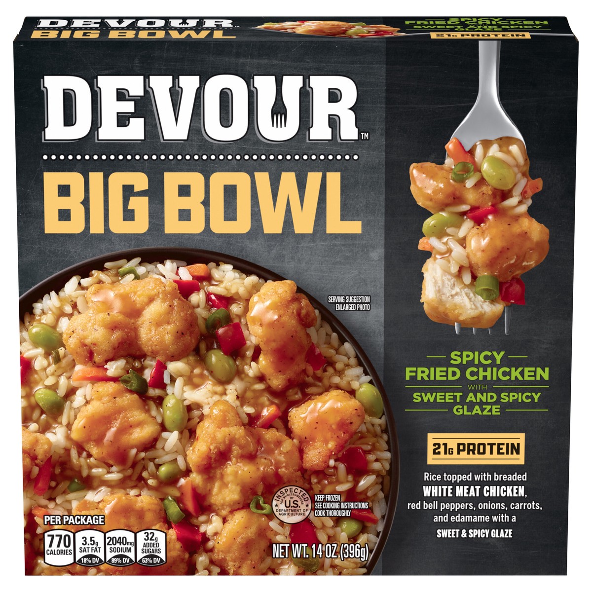 slide 1 of 8, DEVOUR Big Bowl Spicy Fried Chicken with Sweet and Spicy Glaze, 14 oz Box, 14 oz