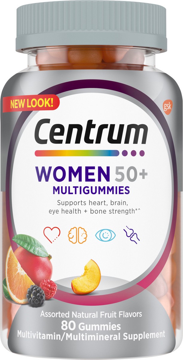 slide 2 of 9, Centrum MultiGummies for Women 50 Plus, Multivitamin/Multimineral Supplement with Vitamins D3, E, B6, and B12, Assorted Fruit Flavor - 80 Count, 80 ct