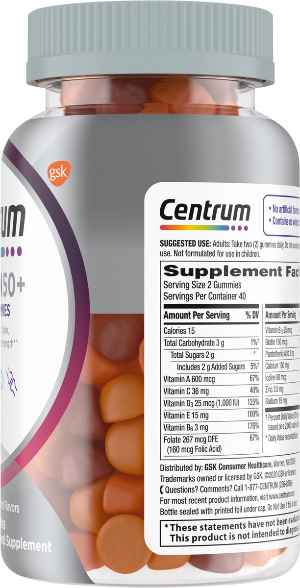 slide 6 of 9, Centrum MultiGummies for Women 50 Plus, Multivitamin/Multimineral Supplement with Vitamins D3, E, B6, and B12, Assorted Fruit Flavor - 80 Count, 80 ct