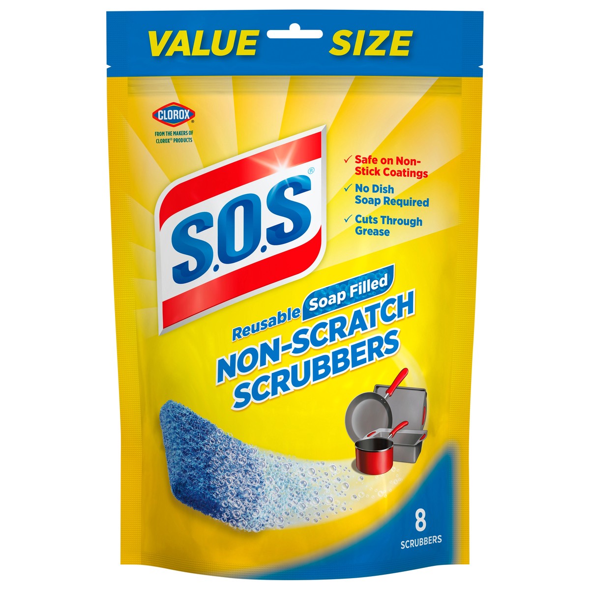 slide 1 of 5, S.O.S. Non-Scratch Scrubbers - 8 Pack - Blue, 8 ct