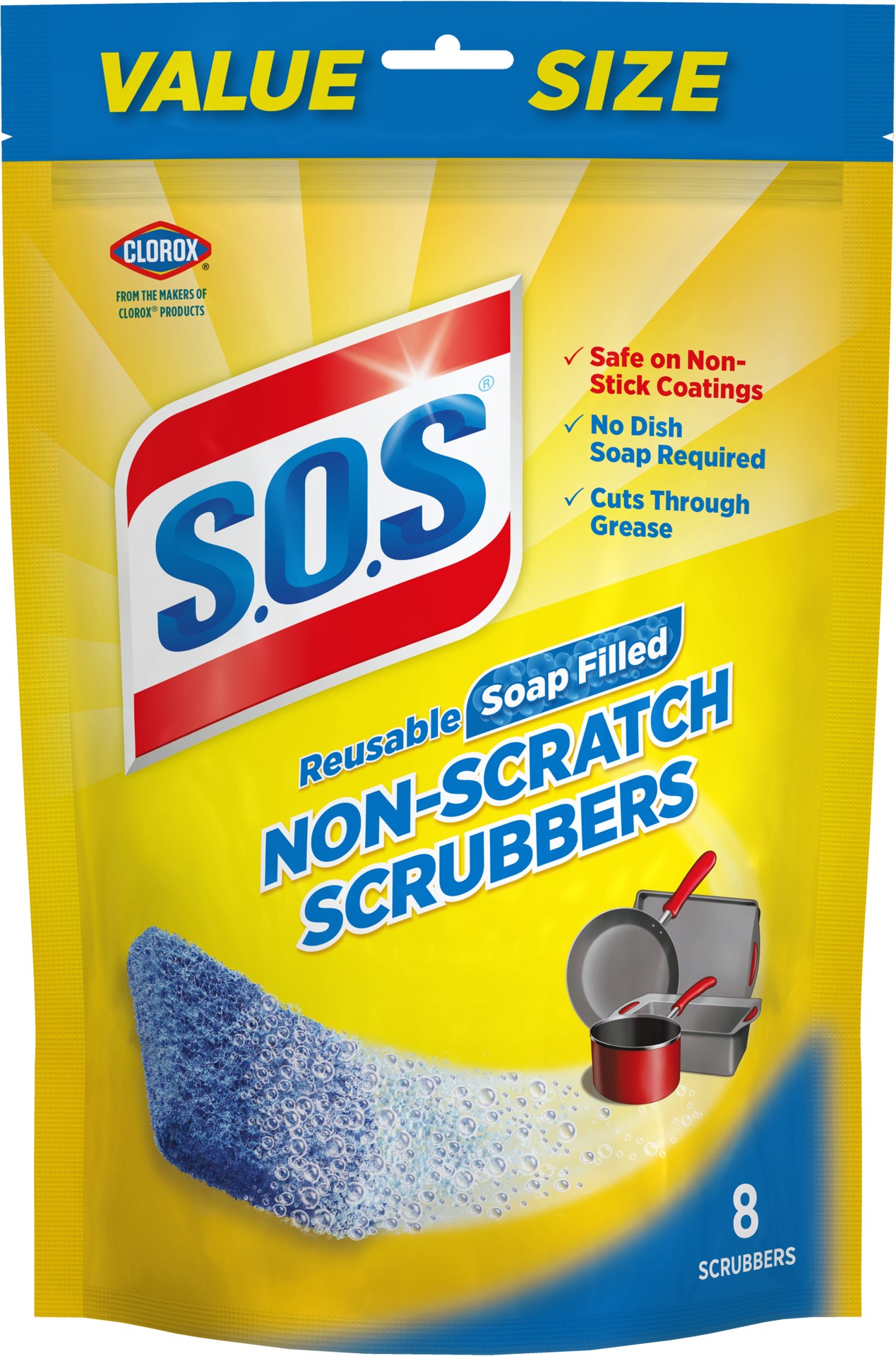 slide 1 of 5, S.O.S. Non-Scratch Scrubbers - 8 Pack - Blue, 8 ct