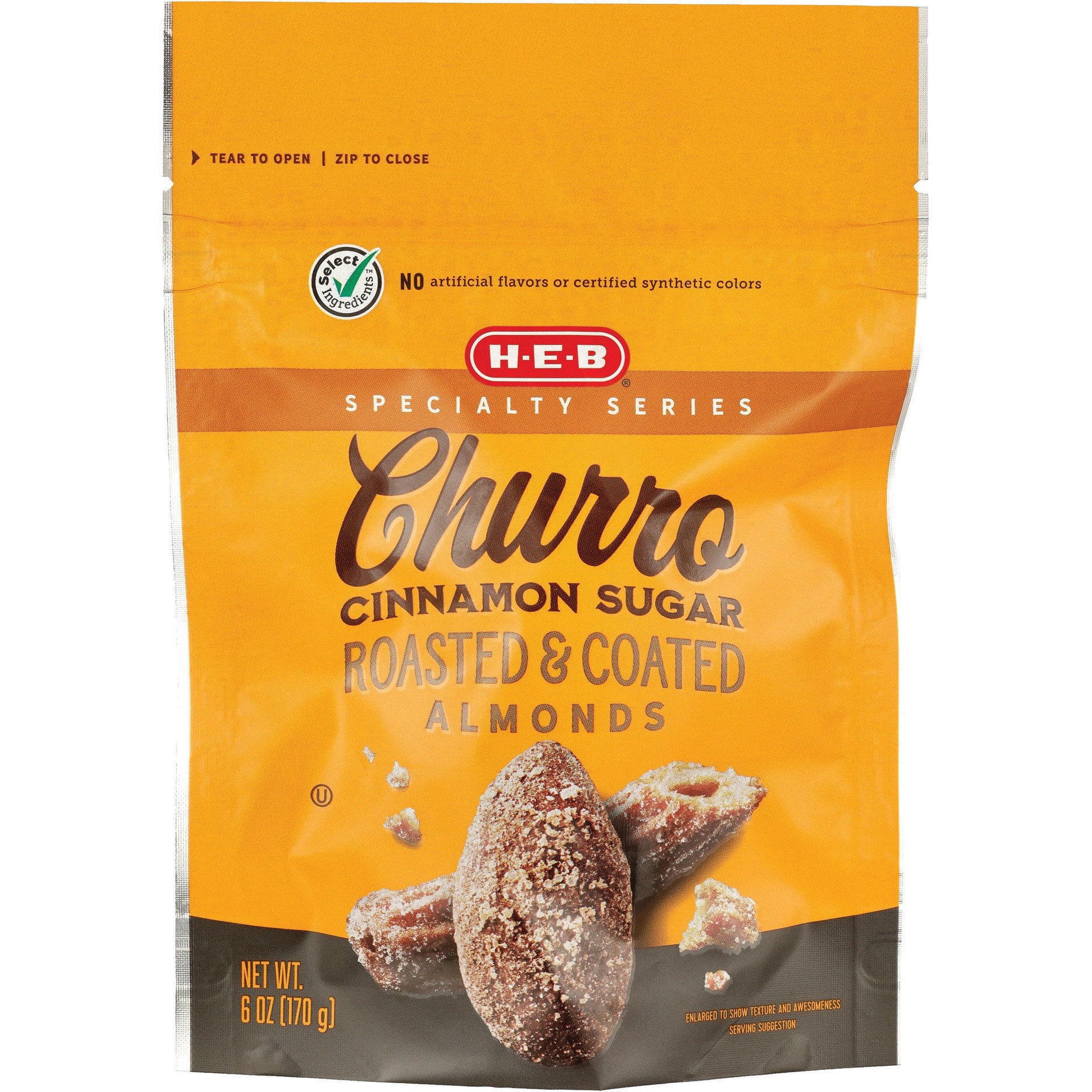slide 1 of 1, H-E-B Churro Cinnamon Sugar-Coated Roasted Blanched Almonds, 6 oz