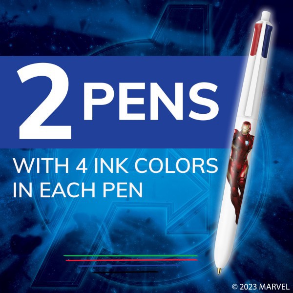 slide 10 of 10, Bic 4-Color Marvel's Avengers Retractable Ballpoint Pens, Captain America And Iron Man Edition, Medium Point, 1.0 Mm, White Barrel, Assorted Ink Colors, Pack Of 2 Pens, 2 ct