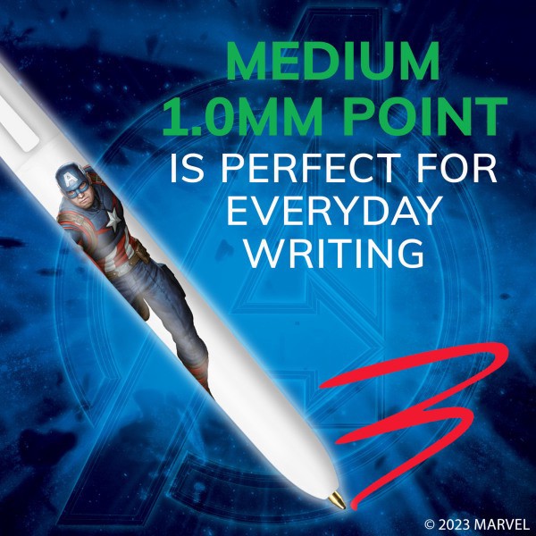 slide 3 of 10, Bic 4-Color Marvel's Avengers Retractable Ballpoint Pens, Captain America And Iron Man Edition, Medium Point, 1.0 Mm, White Barrel, Assorted Ink Colors, Pack Of 2 Pens, 2 ct