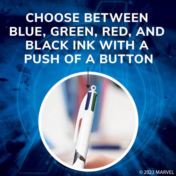 slide 9 of 10, Bic 4-Color Marvel's Avengers Retractable Ballpoint Pens, Captain America And Iron Man Edition, Medium Point, 1.0 Mm, White Barrel, Assorted Ink Colors, Pack Of 2 Pens, 2 ct