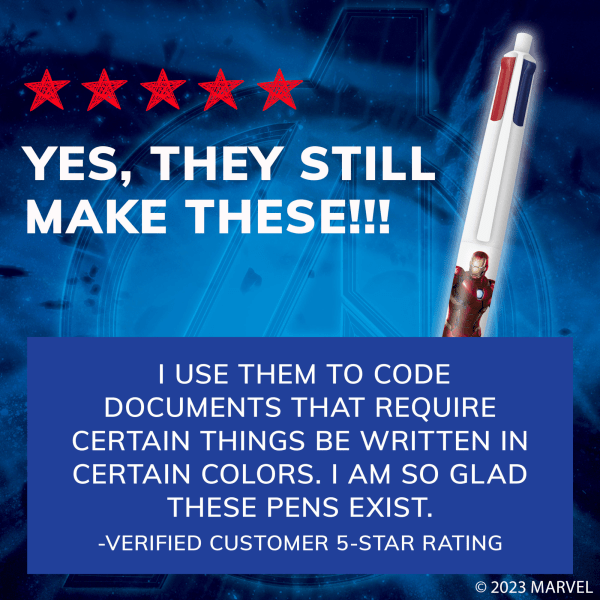 slide 8 of 10, Bic 4-Color Marvel's Avengers Retractable Ballpoint Pens, Captain America And Iron Man Edition, Medium Point, 1.0 Mm, White Barrel, Assorted Ink Colors, Pack Of 2 Pens, 2 ct