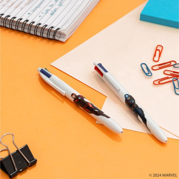 slide 7 of 10, Bic 4-Color Marvel's Avengers Retractable Ballpoint Pens, Captain America And Iron Man Edition, Medium Point, 1.0 Mm, White Barrel, Assorted Ink Colors, Pack Of 2 Pens, 2 ct