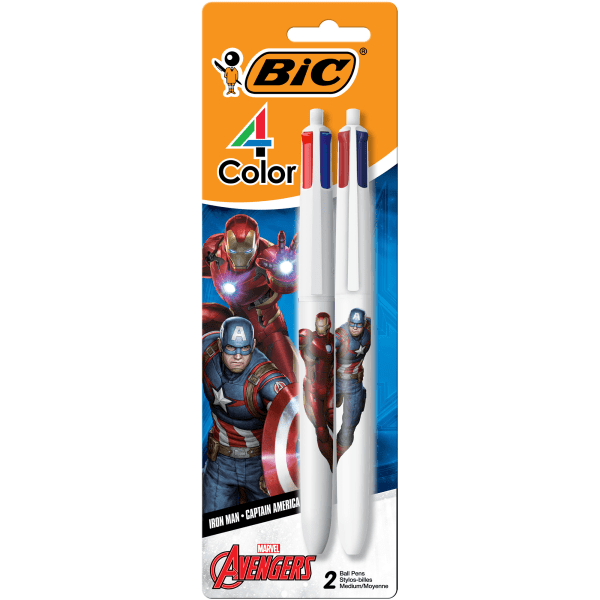 slide 1 of 10, Bic 4-Color Marvel's Avengers Retractable Ballpoint Pens, Captain America And Iron Man Edition, Medium Point, 1.0 Mm, White Barrel, Assorted Ink Colors, Pack Of 2 Pens, 2 ct