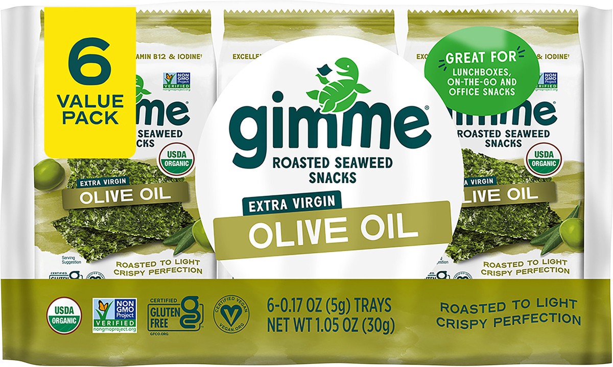 slide 6 of 9, gimMe Roasted Organic Extra Virgin Olive Oil Seaweed Snacks Value Pack 6 - 0.17 oz Trays, 6 ct