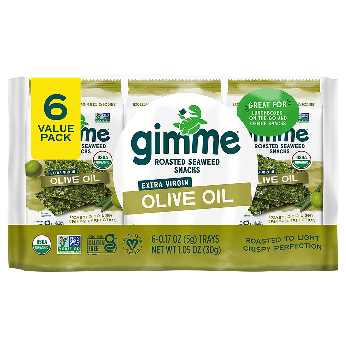 slide 8 of 9, gimMe Roasted Organic Extra Virgin Olive Oil Seaweed Snacks Value Pack 6 - 0.17 oz Trays, 6 ct