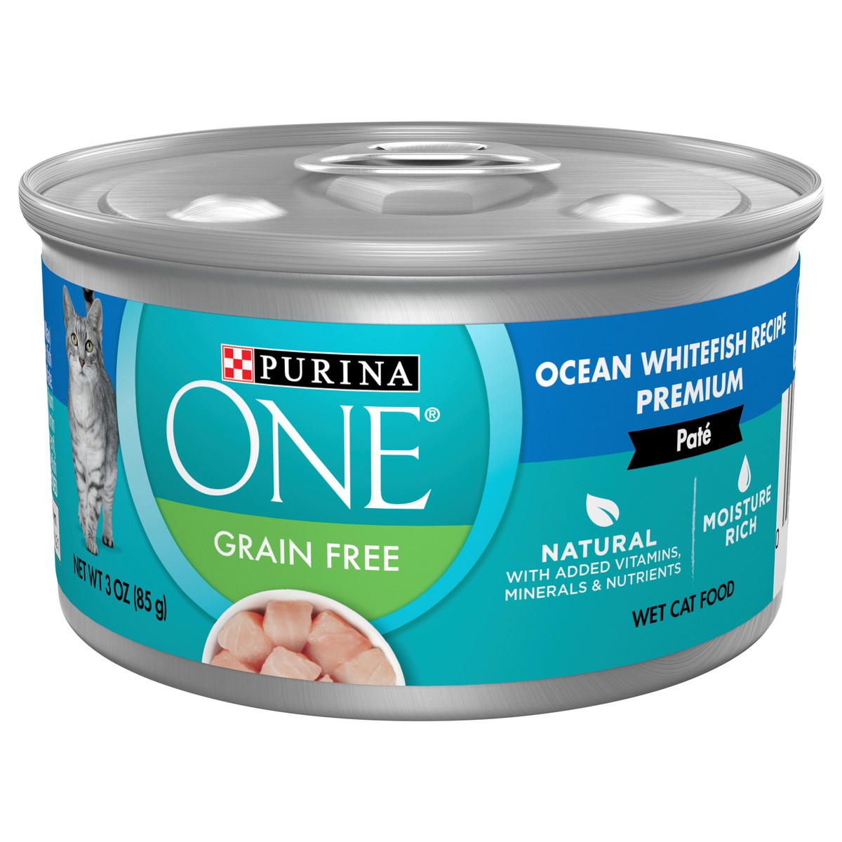 slide 1 of 8, Purina ONE Natural, High Protein, Grain Free Wet Cat Food Pate, Ocean Whitefish Recipe - 3 oz. Pull-Top Can, 3 oz