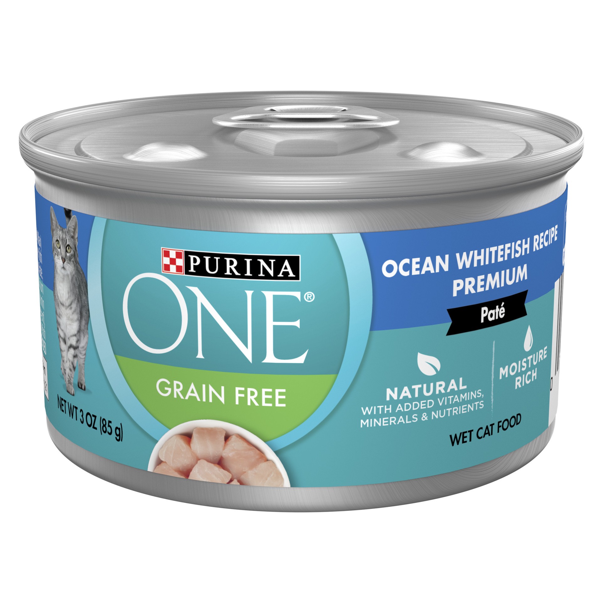 slide 1 of 8, ONE Purina ONE Natural, High Protein, Grain Free Wet Cat Food Pate, Ocean Whitefish Recipe, 3 oz