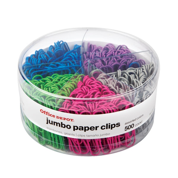 slide 1 of 3, Office Depot Brand Jumbo Paper Clips, 1-7/8'', 20-Sheet Capacity, Assorted Colors, Pack Of 500 Clips, 500 ct