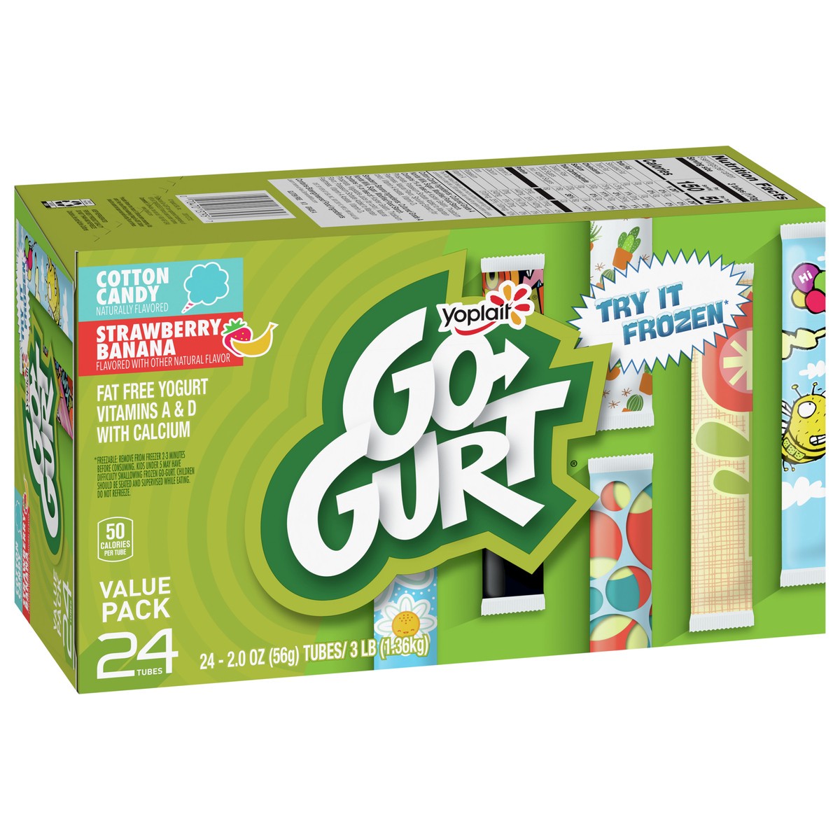 slide 2 of 11, Go-GURT Cotton Candy and Strawberry Banana Kids Fat Free Yogurt Variety Pack, Gluten Free, 2 oz. Yogurt Tubes (24 Count), 24 ct